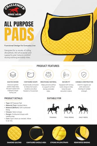 CHALLENGER Horse 23" x 20" English All-Purpose Contoured Quilted Trail Saddle Pad 72143 - color: 옐로우
