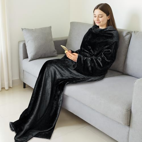 Catalonia Wearable Blanket with Sleeves for Women & Men, Fleece Wrap Throw - color: Black
