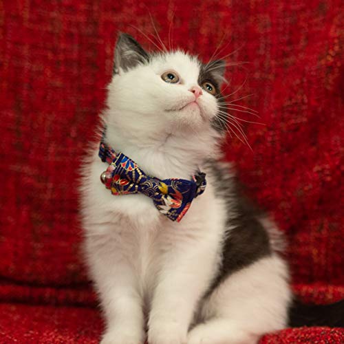 Collar for Cat Pet Breakaway with Bell Bowtie Detachable Bow Adjustable Safety Kitten Puppy Girl Boy 2pcs Navy Blue & Red - color: Flower-Navy Blue & Red