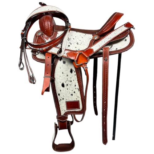 Western Barrel Saddle Set Brown Genuine Leather Hair On Cowhide Hand Tooled Horse Saddle with Headstall, Breast Collar & Reins for Trail Riding, Rodeo, Ranch & Pleasure, 8-17 Inch - size: 8 Inch