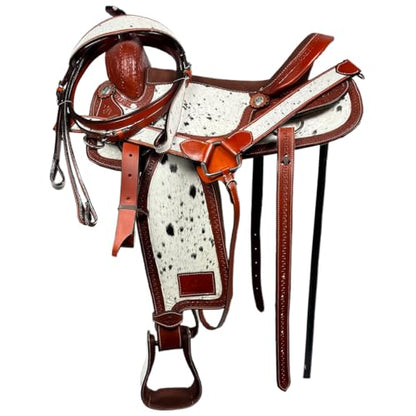 Western Barrel Saddle Set Brown Genuine Leather Hair On Cowhide Hand Tooled Horse Saddle with Headstall, Breast Collar & Reins for Trail Riding, Rodeo, Ranch & Pleasure, 8-17 Inch - size: 14 Inch