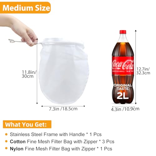 5 Pcs Premium Ultra Fine Mesh Strainer Bags with Stainless Steel Handle, Reusable Nut Milk Bags, Cheese Cloths for Straining Juice, NutMilk, Coffee, Thai Tea, Yogurt and Soup (Medium) - size: Medium