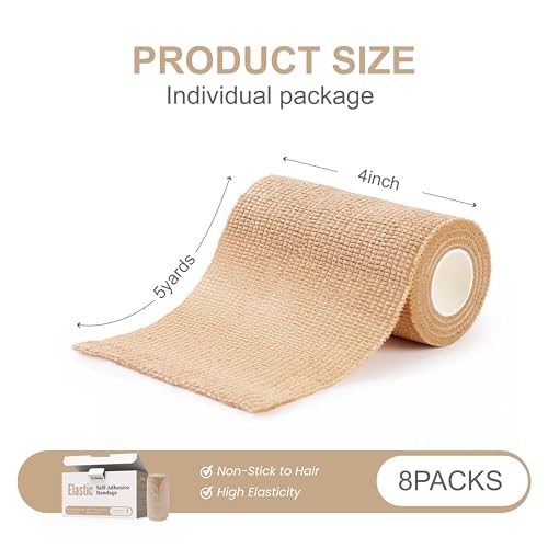 onida 4" X 5yd Self Adhesive Bandage Wrap Non-Woven Elastic Sports Tape | 8-pack Medical Vet Wrap Cohesive Bandage Wrap Breathable, Waterproof, for Wrist Ankle Tattoo Grip, beige - color: Brown