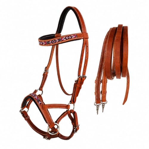 CHALLENGER Horse Western Padded Leather Beaded Bitless Sidepull Bridle Reins 77RT13TN-F