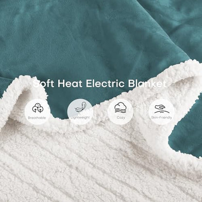 Electric Heated Blanket 62"x84" Twin Size-Teal Green | Safe All Night, Dual-Sided Microplush Sherpa for Bedroom Use, 4 Heat Settings & 10 Hours Auto Off, Machine Washable - color: 04-teal, size: Twin(62"x84")
