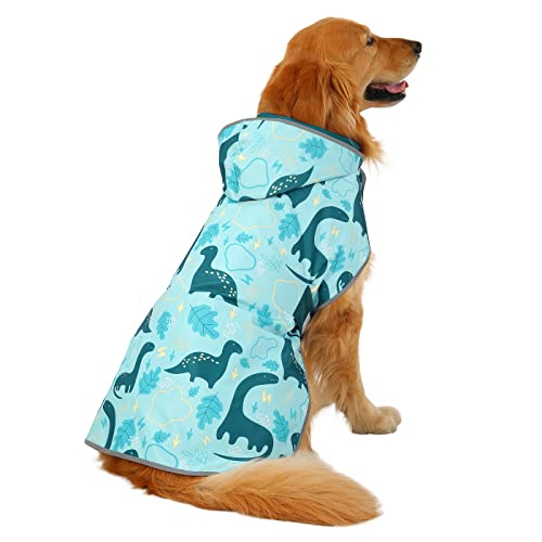 HDE 2-in-1 Reversible Dog Raincoat Hooded Poncho Rain Jacket Teal Dino L - color: Dinosaurs, size: Large