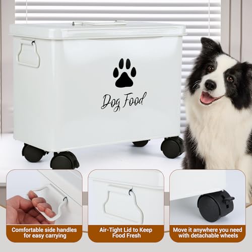 Dog Food Container 13lb, Cute Airtight Pet Food Storage Containers with Metal Lid Scoop, Black Metal Storage Bin for Dog/Cat with Wheels,Easy to Move White - color: White-L