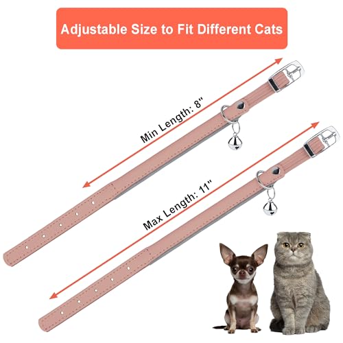 OOPSDOGGY Rolled Leather Cat Collar with Bell, Reflective Kitten Collars with Buckle Include Safety Elastic Strap - Adjustable Small Pet Collars for Boy Girl Cats (Blush) - color: Blush