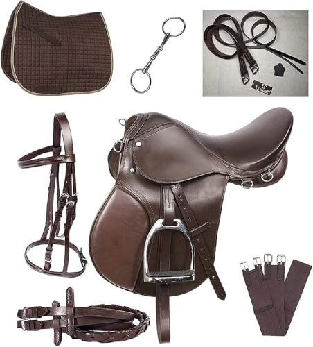 Leather English Riding Horse Saddle Starter Kit Brown Saddle 7 Pcs Combo Pack