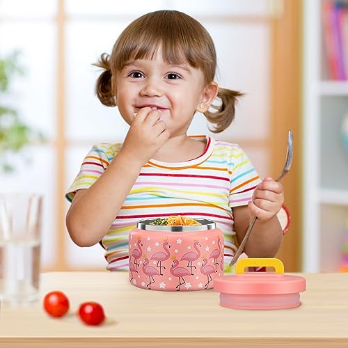 PIQUEBAR 8oz Kids Thermo for Hot Food,Small Lunch Thermo Food Container Stainless Steel,Easy Open Wide Mouth Thermo for Hot Cold Food for Preschool Travel - color: Pink Flamingos