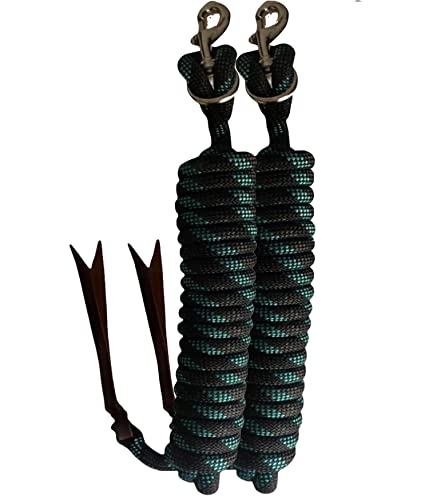 Majestic Ally 14' Pack of 2 Poly Training Lead Rope with Leather Popper for Horses & Livestock – 14 Foot Long and 5/8 inch Thick - Replaceable Heavy-Duty Bolt Snap (Turquoise-Gray-Black) - color: Turquoise-Gray-Black