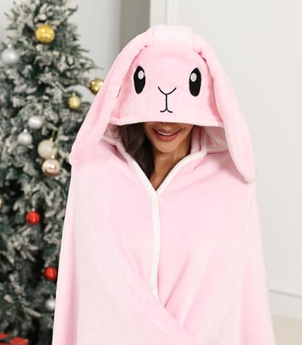 Wearable Blanket Hoodie Animal Fuzzy Blanket Warm Cozy Blanket Hoodie - color: Pink Bunny