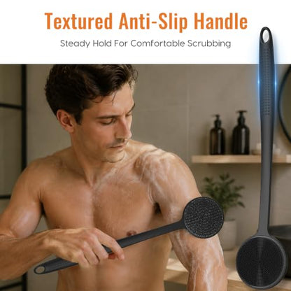Silicone Back Scrubber for Shower, 17in Lengthen Long Handle Body Brush, Double Sided Shower Brush for Shower Exfoliating and Massage Can Produce Rich Foam, Long Handle Back Scrubber for Men - color: Black