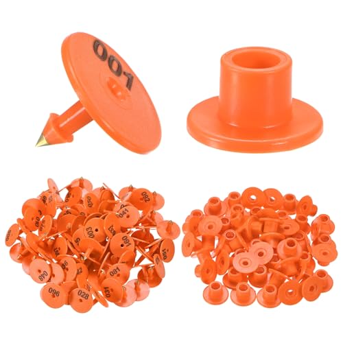 M METERXITY 100-Pack Cattle Ear Tags 001-100 Number, Plastic Round Livestock Ear Tags for Cows/Sheep/Cattle/Pig, Farm Animal Identification Markers [Orange] - color: Orange