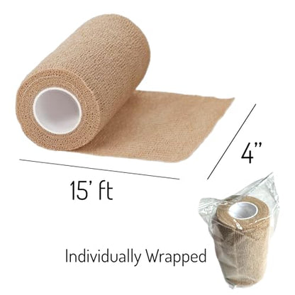 4" x 5 yrd Beige Self Adhesive Flexible Bandage Wrap Stretch Roll Tape Wrist Ankle Hand Leg Medical Grade Sports Compression Lymphedema Individually Wrapped Sprains Support First Aid Pets Cat Dog