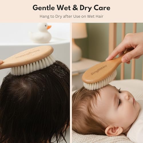 Baby Hair Brush & Comb Set for Newborns - Gentle Goat-Hair & Bamboo Bristle Hairbrushes with Easy Grip Wooden Handles - 5-Pack Baby Brush Set with a Cotton Travel Pouch - Gifts for Boys & Girls - size: Premium Set (5-Piece)