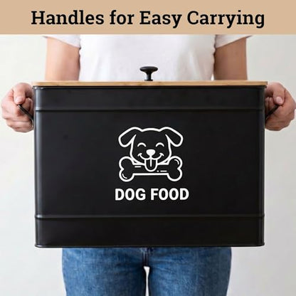 Metal Dog Food Container 15-20 lbs w/ Airtight Bamboo Lid, 70 Cup Capacity - color: Black