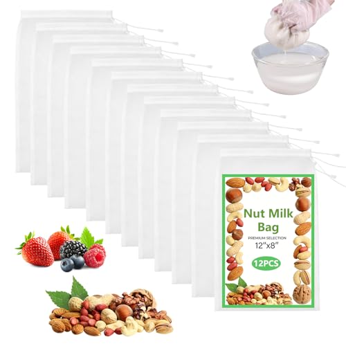 12Pcs Cheese Cloth Bag For Straining Reusable Nut Milk Bags Nylon Washable Fine Mesh Strainer Bags for for Almond Yogurt Juice Cheese Making Cold Brew Coffee Beer Tea (12Pcs（12''x8'')