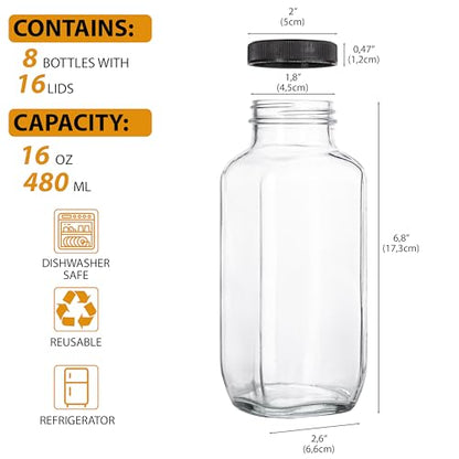 umud Juice Bottles with Lids, 16 Oz - Set of 8 - Clear Glass Jars with Caps - Reusable Empty Drink Containers for Juicing, Smoothies, Water, Milk, Kombucha Storage, Wellness Shots and More (8)