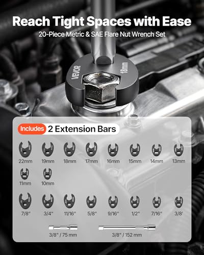 VEVOR Crowfoot Wrench Set, 3/8" Drive, 20-Piece Metric and SAE Size Flare Nut Crows Foot Wrenches, with Storage Case, Dual Size Markings on Tools and Case, for Auto Maintenance - size: 3/8" 20 PCS