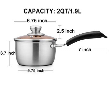 TeamFar Saucepan with Lid, 2 qt Sauce Cooking Pot Milk Pan Stainless Steel | Professional with Long Heatproof Handle for Home Kitchen Restaurant, Healthy & Non Toxic, Multi-use & Dishwasher Safe - size: 2 Quarts