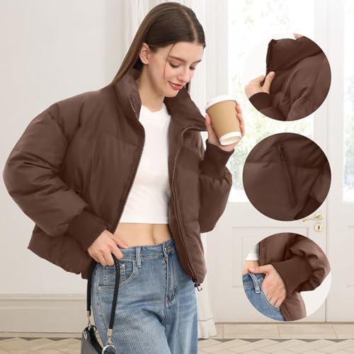 SXGYH Women’s Winter Cropped Puffer Jacket Coat Casual Quilted Baggy Long Sleeve Zip Down Jackets Outerwear - color: Coffee, size: XX-Large