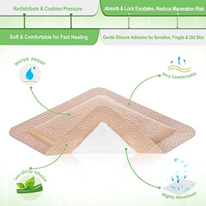 NeuHeils Silicone Foam Dressing with Border 6"x6", 5 Pack for Bed Sores | Pressure Ulcers, Leg Ulcers, Surgical Wounds & Skin Tears | High Absorbency, Painless Removal, Waterproof & Cushioned - size: 6''x6'' (Pack of 5)