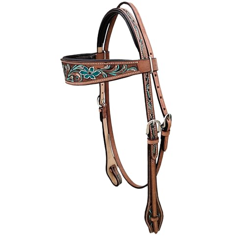 Majestic Ally Tooled Leather Western Headstall & Breast Collar Set – Handcrafted Leather, Classic Western Tack, Multiple Styles & Designs - style: 1008-TRQ