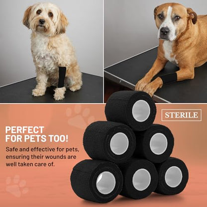 Self-Adherent Cohesive Bandage - Black Medical Wrap - 6 Rolls 2" Wide x 5 Yards Sports Tape for Medical Use, Sports, First Aid and Helps Protect Skin