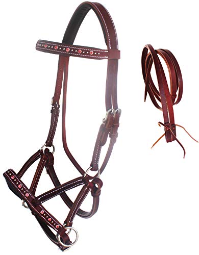 Horse Western Leather Beaded Bitless Sidepull Bridle Reins Rhinestone - color: Mahogany/Pink