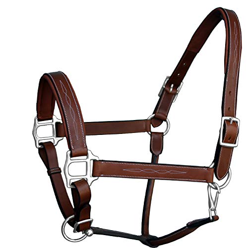 Exion Designer Stitched Padded Cushioned Horse Halter- Silver Hardware | Adjustable Chin and Throat Snap Halter | Replaceable Crownpiece Halter | Quick Release | Black, Havana Brown | Over, Full - color: Oak Brown (Reddish Brown), size: Pony (Small Size)