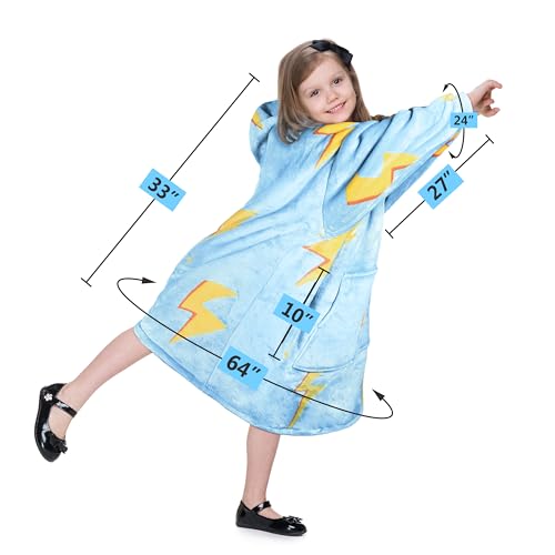 Solaris Thunder Lightning Kids Wearable Blanket Hoodie - Cozy Warm Sherpa Fleece Sweatshirt Pullover with Larger Pocket for Teens, Girls, Boys - color: Thunder Blue