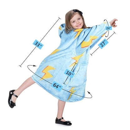 Solaris Thunder Lightning Kids Wearable Blanket Hoodie - Cozy Warm Sherpa Fleece Sweatshirt Pullover with Larger Pocket for Teens, Girls, Boys - color: Thunder Blue
