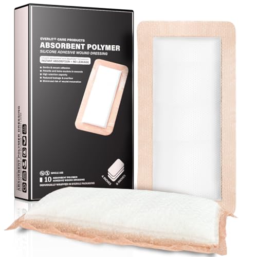 EVERLIT Silicone Super Absorbent Dressing with Border | Sterile Self-Adhesive SAP Bandage Pad for High Absorbency & Reduced Risk of Maceration | Advanced Wound Care for Heavily Exudating Wound 4x8 - size: 4" x 8"