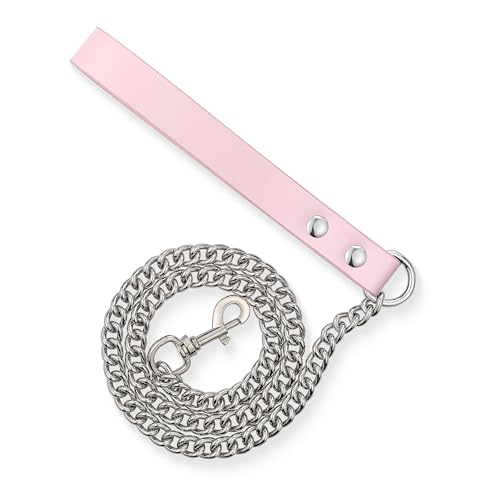 38" Aluminum Chain Leash with Leather Handle for Collar - color: Pink&Silver