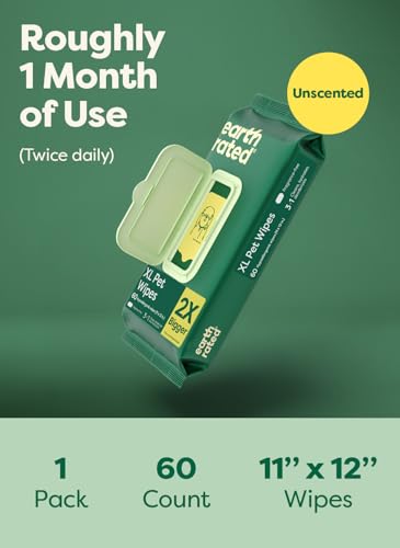 Earth Rated XL Pet Wipes for Dogs & Cats, Unscented Hypoallergenic, 60 Ct - color: Unscented, size: 60 XL Grooming Wipes