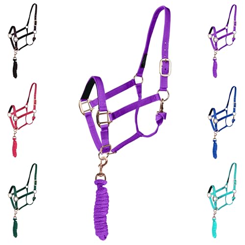 Majestic Ally Halter with Lead Rope for Horses–Adjustable Chin and Crown–Rolled Throat Latch with Replaceable Snap–Padded Noseband–Heavy Duty Rose Gold Finish Hardware - color: Purple