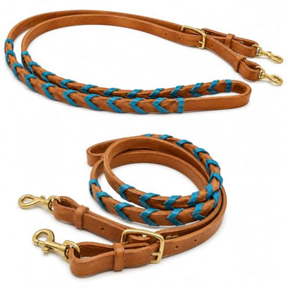 CHALLENGER 8' Horse Western Leather Latigo Laced Barrel Contest Reins 66RT10 - color: Tan Pacific Blue
