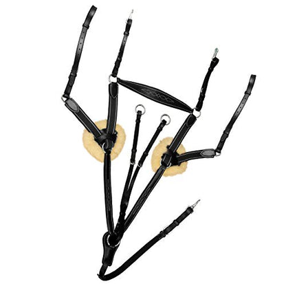 Exion 5-Point Horse Breastplate with Running Martingale | Real Sheepskin Linned | Black Elastic | Vegetable-Tanned Leather - color: Black, size: Over/ Warm Blood Size