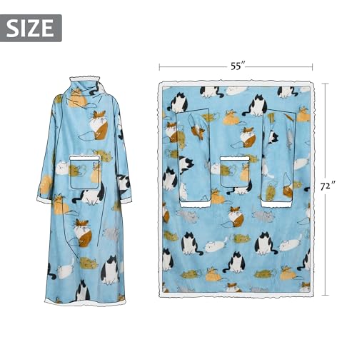 Catalonia Sherpa Wearable Blanket with Sleeves and Pocket for Adults - color: Cat Blue, size: Standard Pocket