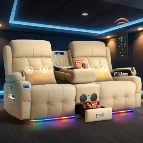 Power Reclining Loveseat Sofa with Flip Backrest Console - color: Kahki Texture Finish, size: Power Loveseat