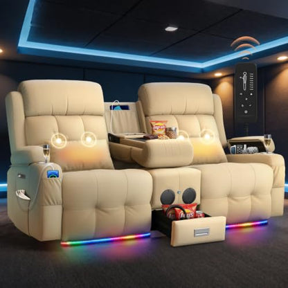 Power Reclining Loveseat Sofa with Flip Backrest Console - color: Kahki Texture Finish, size: Power Loveseat