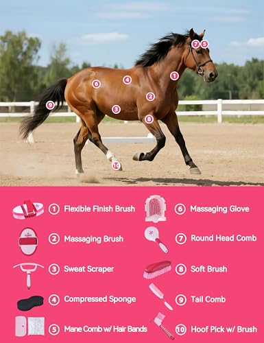 11-Piece Horse Grooming Kit with Waterproof Tote Pink Garnet - color: Pink Garnet