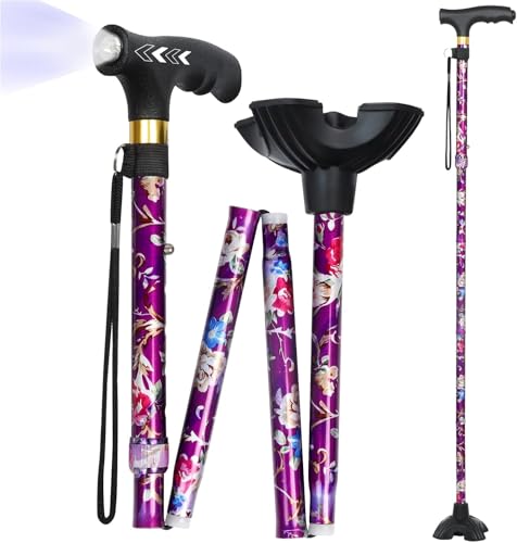 Walking Cane with LED Light, Foldable,Adjustable, Self Standing Walking Canes for Men & Women,Walking Sticks with Quad Base for Seniors & Adults - color: Purple flowers