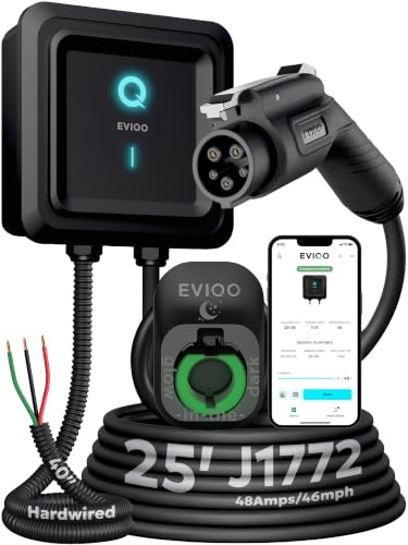 EVIQO Level 2 EV Charger J1772 48A - Hardwired 240V Wall Charging Station | up to 50 mph, 25ft Cable, Enhanced WiFi (2.4GHz), Smart App, Weatherproof Indoor/Outdoor (IP66, NEMA 4), UL & ETL Certified - size: 48