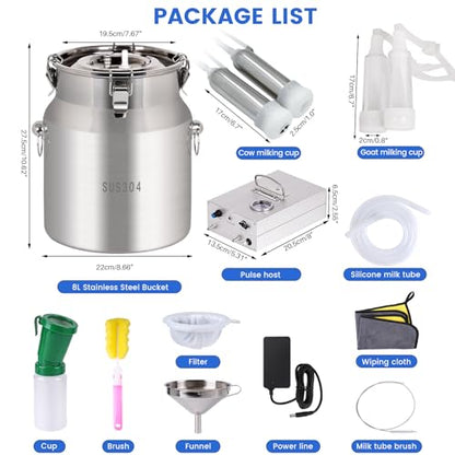 8L Cow/Goat Two-in-One Rechargeable Electric Milker, Goat Milker Machine, Cow Milking Machine, The Latest Pulsation Vacuum Pump with Pressure Gauge, 304 Stainless Steel Bucket (Rechargeable)