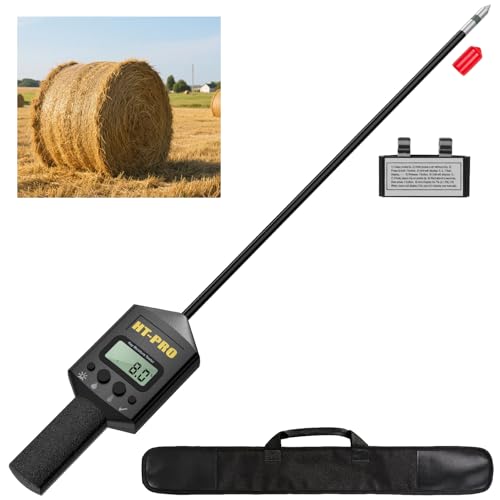 Hay Moisture Tester with 20" Probe, Moisture & Temperature Meter for Round and Square Hay Bales, Fast Backlit Readings, Calibration Clip Included, Black