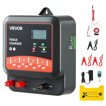 VEVOR Multi-Powered Electric Fence Charger, 2J/3J/5J, Electric Fence Energizer with Real-Time LED Display, 6.2 Miles Range, AC DC Powerful Fences Charger, Keep Out Wild Animals, for Livestock Poultry - size: 2J/3J/5J
