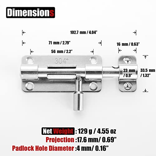 JQK Door Security Slide Latch Lock Barrel Bolt, 304 Stainless Steel Sliding Gate Latches Thickened 1.4mm with Padlock Hole, Silver, 4 Pack HBB120-P4 - color: Silver, size: 4 Pack