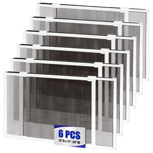 6 Pack Adjustable Window Screens Expandable, 2 Way Adjustable Sliding Window Screen, Horizontal (15" H x 21" - 38" W), Horizontal and Vertical Adjustable, Durable Replacement Screen for Window - size: 15"H x 21"-38"W